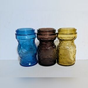 Wheaton NJ Jars Bottles Set of Three Embossed Glass Jars Vintage Blue Brown Gold